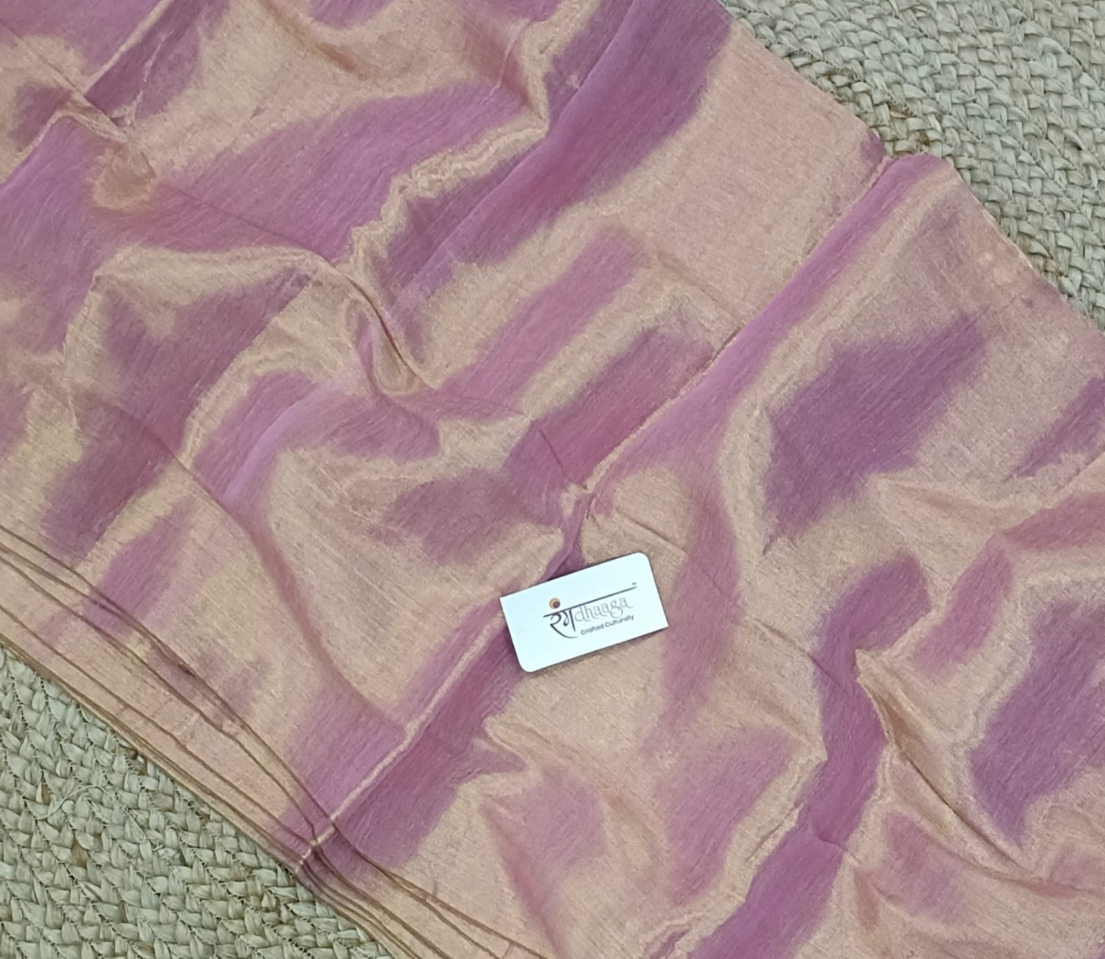 RangDhaaga Rose Pink With Golden Dual Tone Raga Tissue Saree