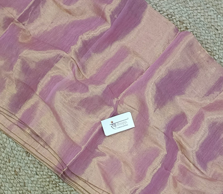 RangDhaaga Rose Pink With Golden Dual Tone Raga Tissue Saree