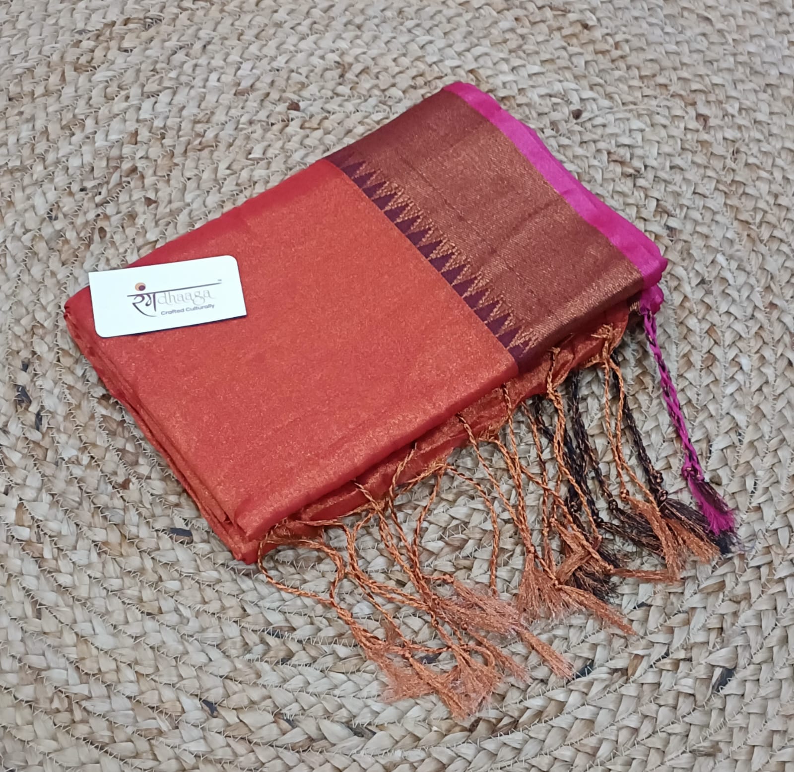 Rangdhaaga Copper with  temple pink border Raga Tissue Saree