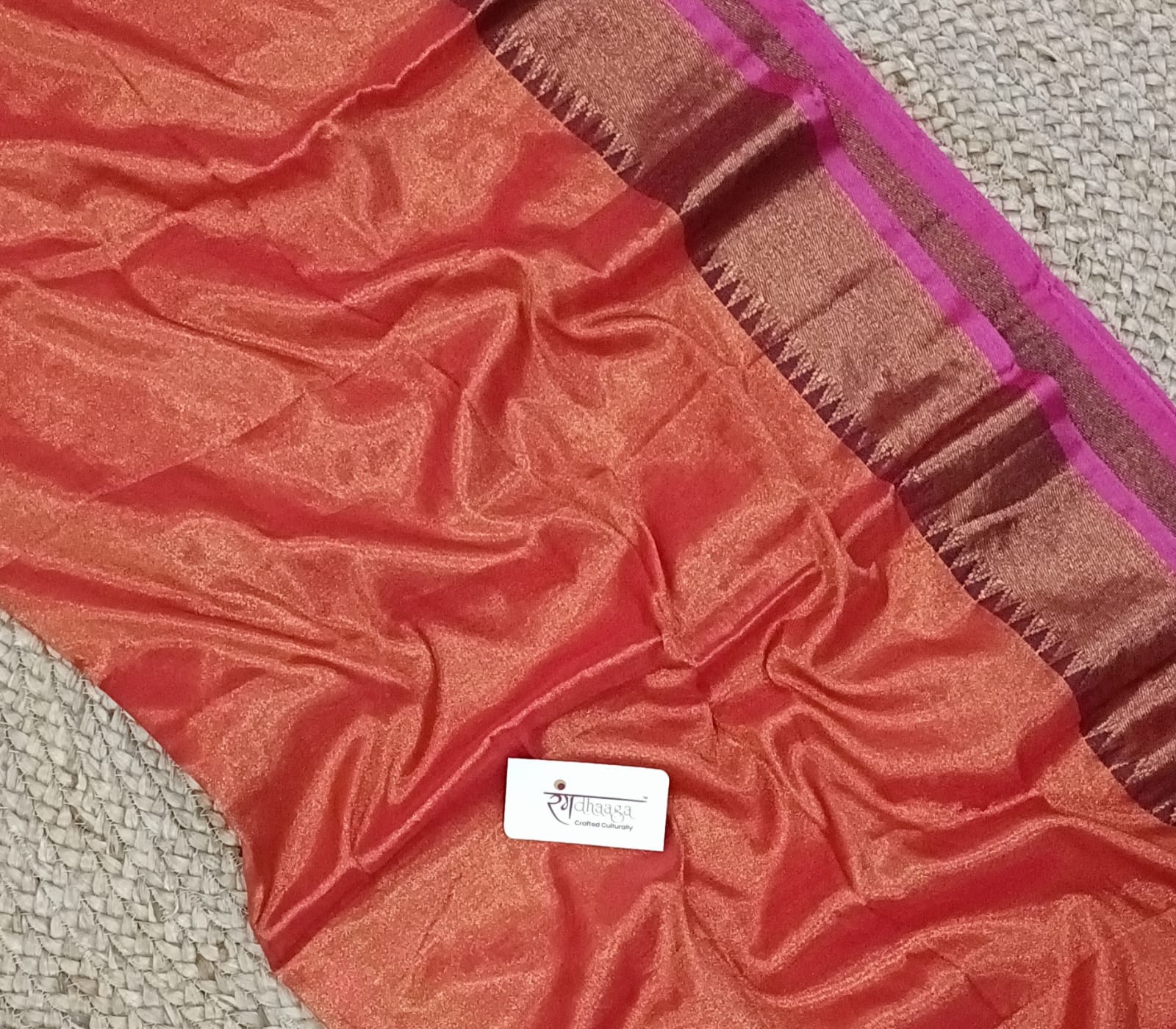 Rangdhaaga Copper with  temple pink border Raga Tissue Saree