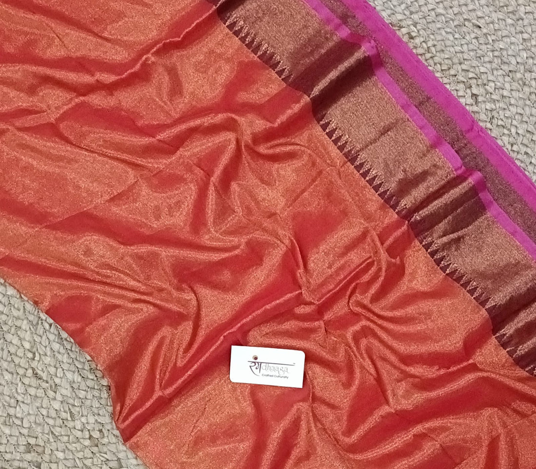Rangdhaaga Copper with  temple pink border Raga Tissue Saree