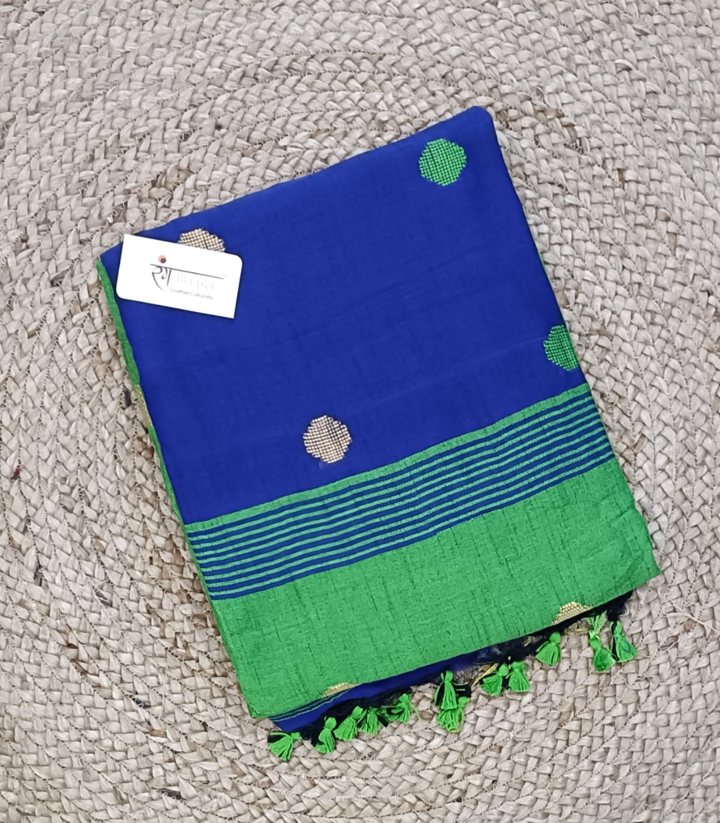 RangDhaaga Ball Butti khadi cotton contrast saree royal blue with parrot green contrast pallu