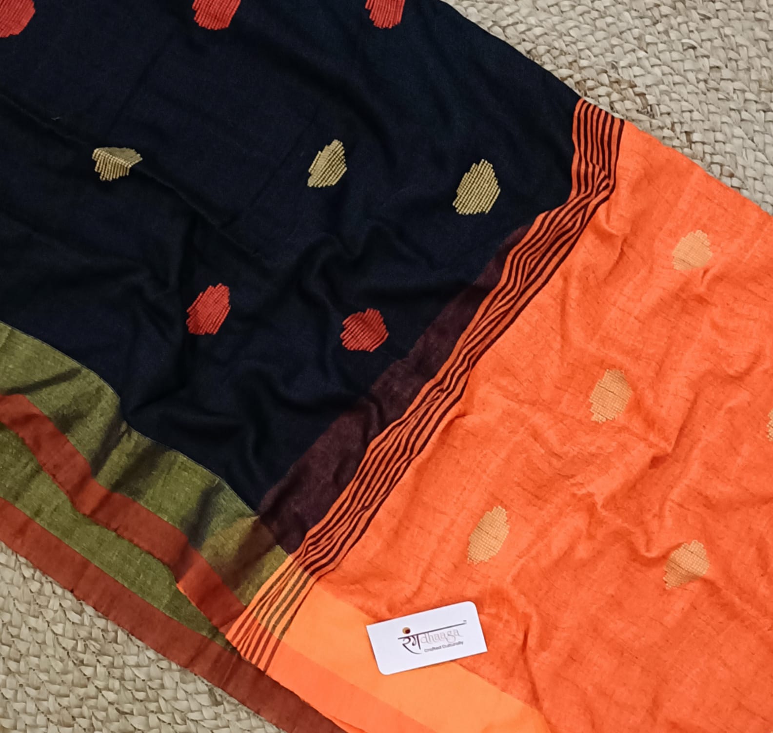 RangDhaaga Ball Butti khadi cotton contrast saree black with orange contrast pallu