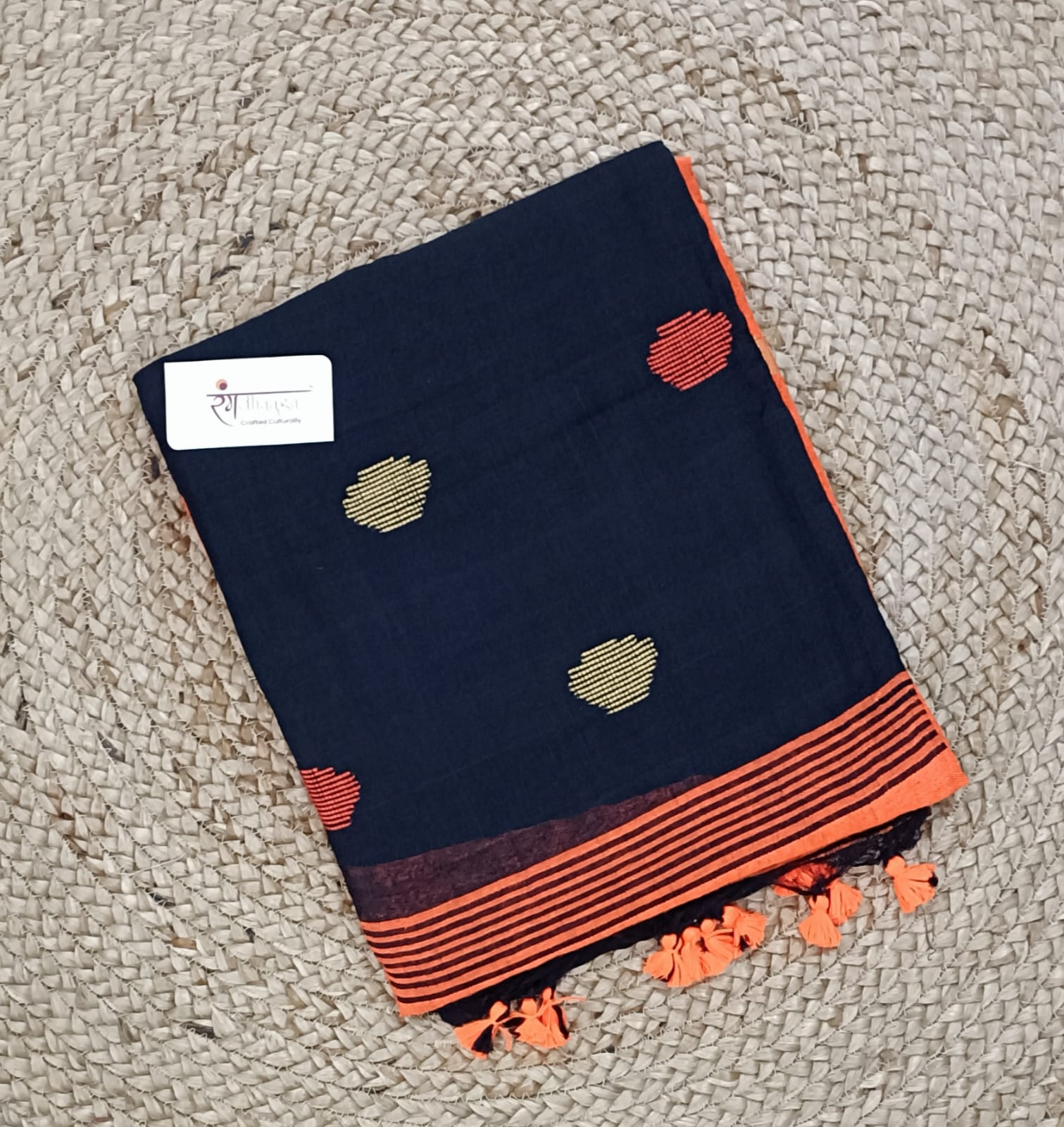 RangDhaaga Ball Butti khadi cotton contrast saree black with orange contrast pallu