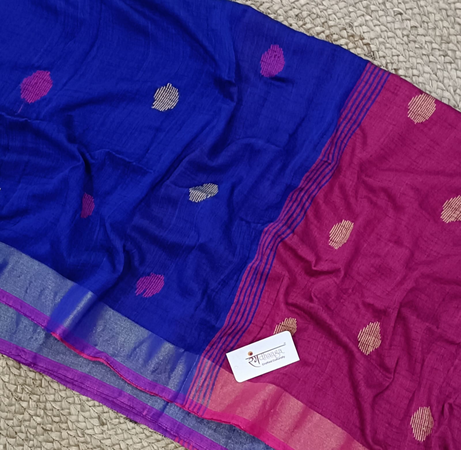 RangDhaaga Ball Butti khadi cotton contrast saree royal blue with pink contrast pallu