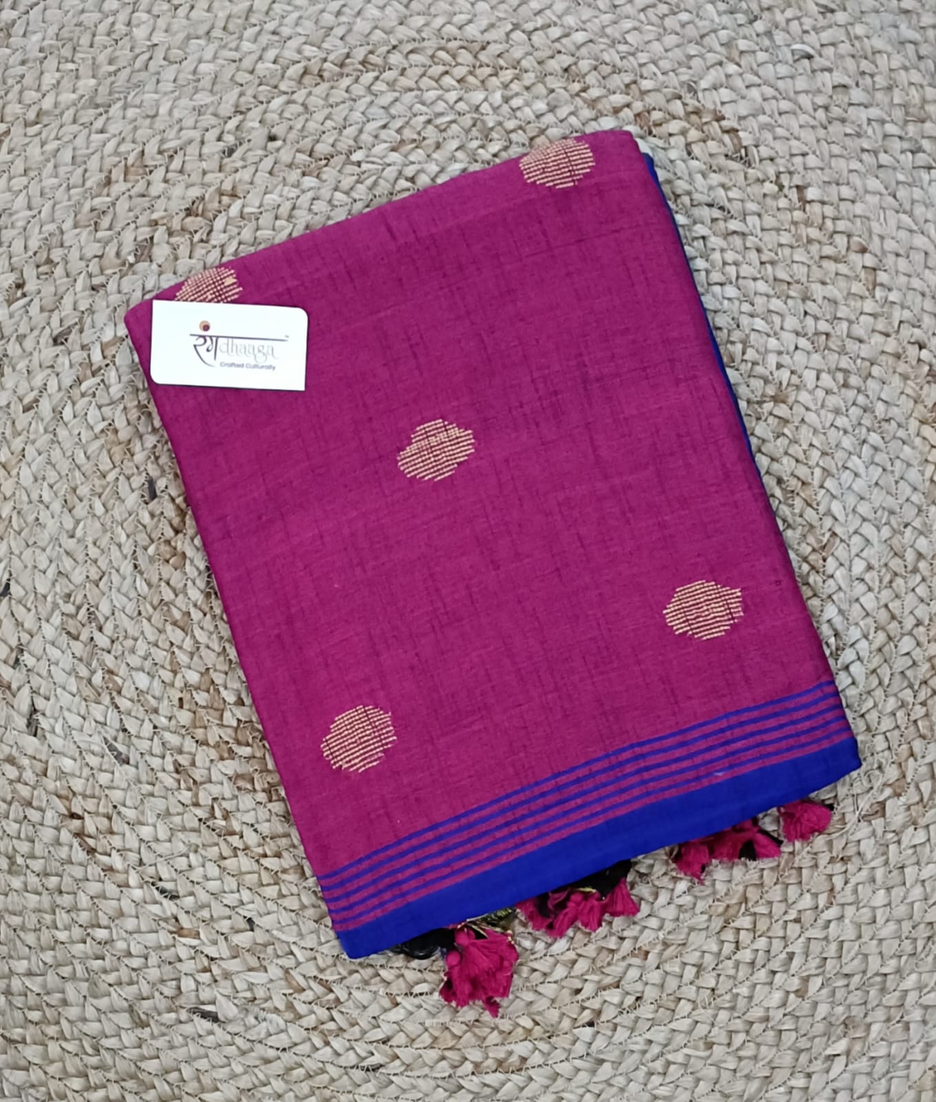 RangDhaaga Ball Butti khadi cotton contrast saree royal blue with pink contrast pallu