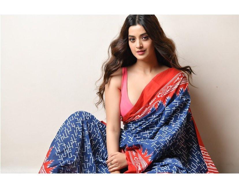 Rangdhaaga Printed blue and red mul cotton saree