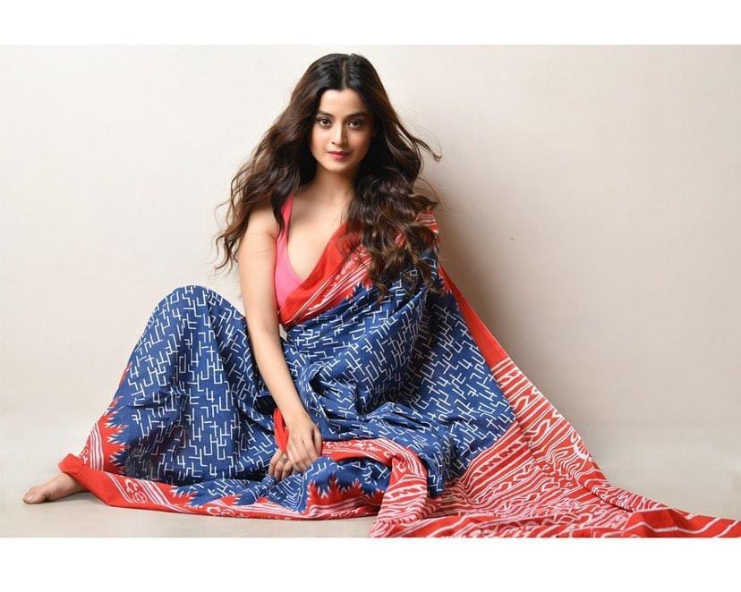 Rangdhaaga Printed blue and red mul cotton saree