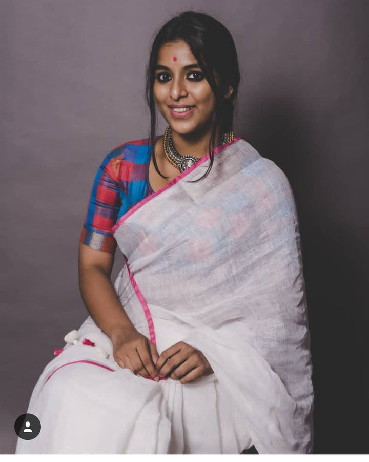 White plain Linen Saree with Silver pink Border