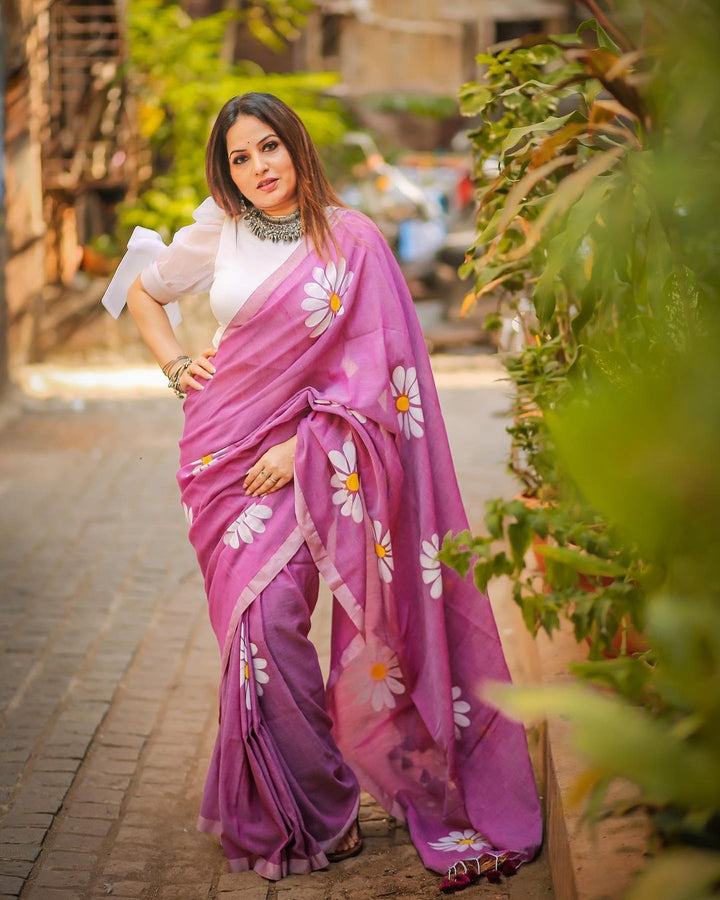 Rangdhaaga Mohak Lilac floral hand-painted saree