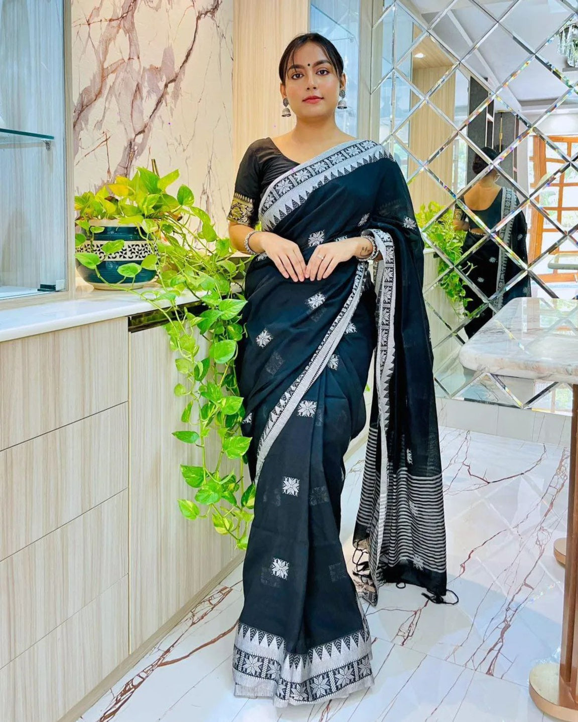 Black With Silver Star Khadi Saree