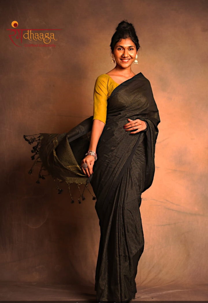 Black Zari Lining Khadi Cotton Saree