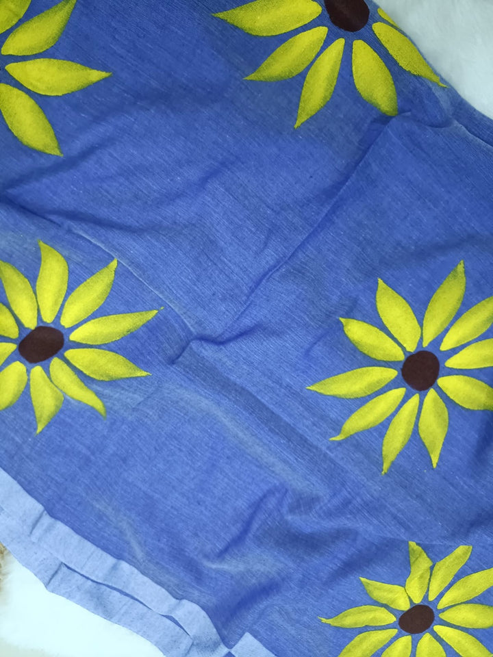 Blue With Yellow Floral Hand Painted Saree