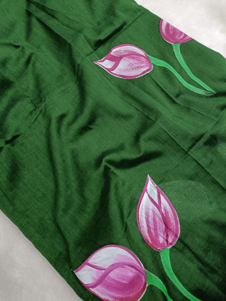 Dark Green Floral Hand Painted Saree