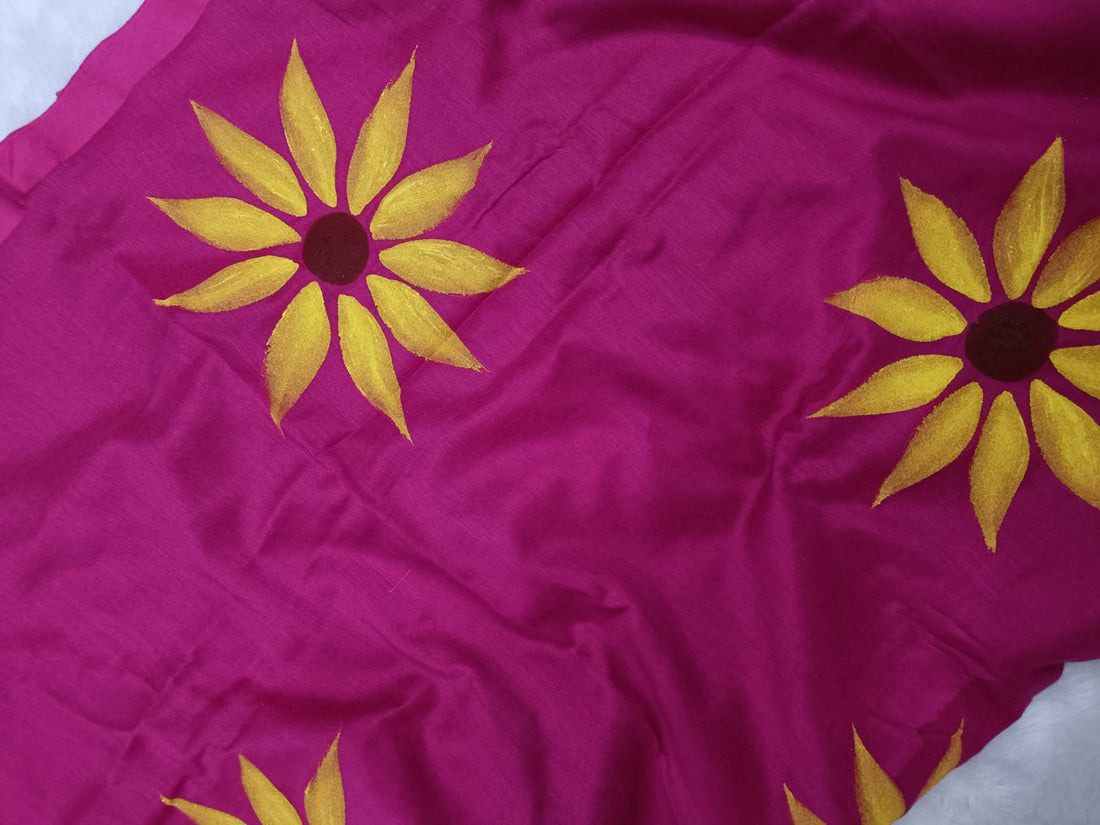 Dark Pink With Yellow Floral Hand Painted Saree