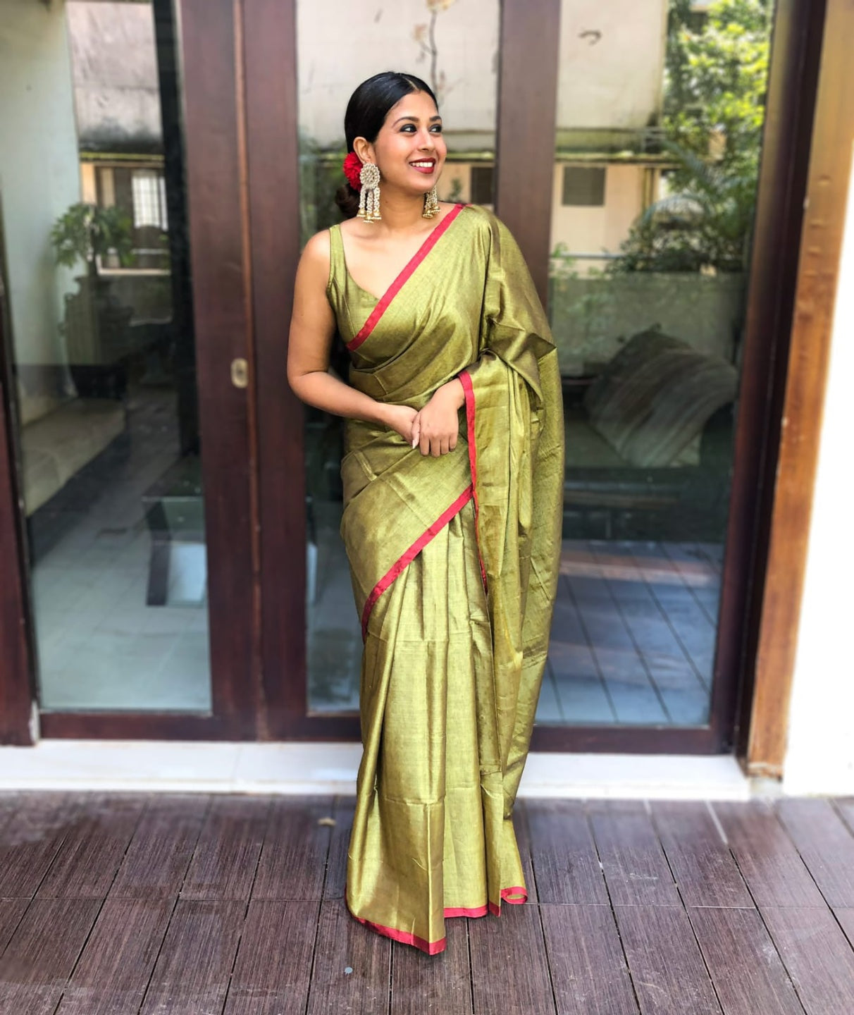 Rangdhaaga mustard Golden With Red border Raga Tissue Saree