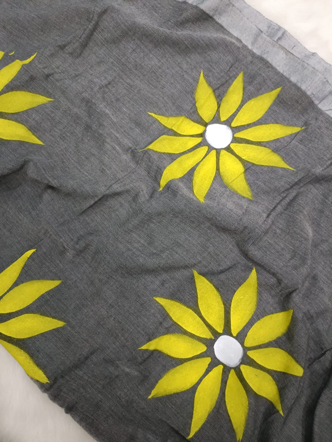 Grey With Yellow Floral Hand Painted Saree