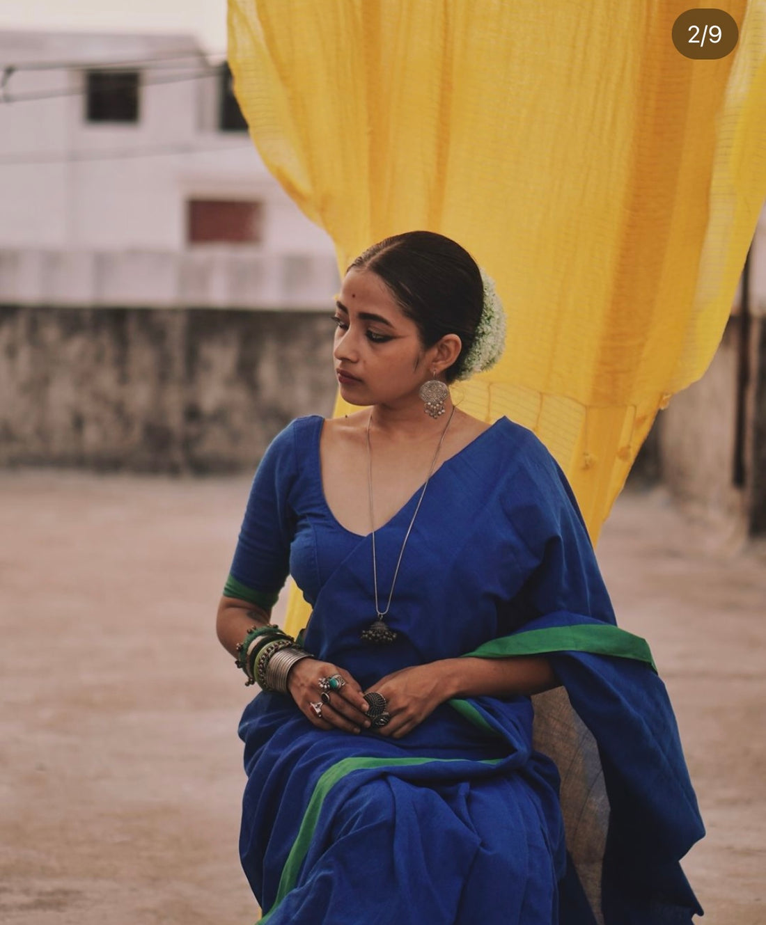 Rangdhaaga Blue contrast green border cotton saree