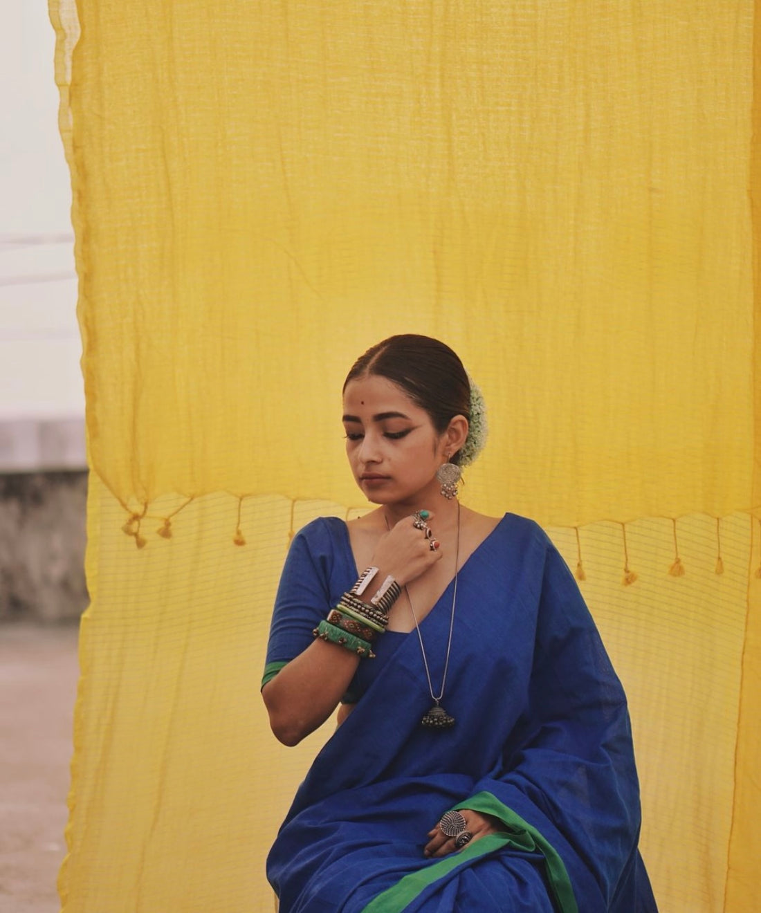 Rangdhaaga Blue contrast green border cotton saree