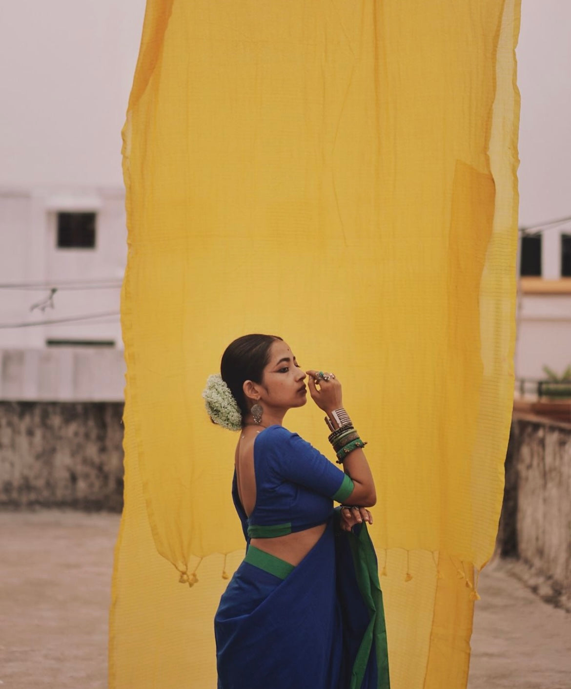 Rangdhaaga Blue contrast green border cotton saree