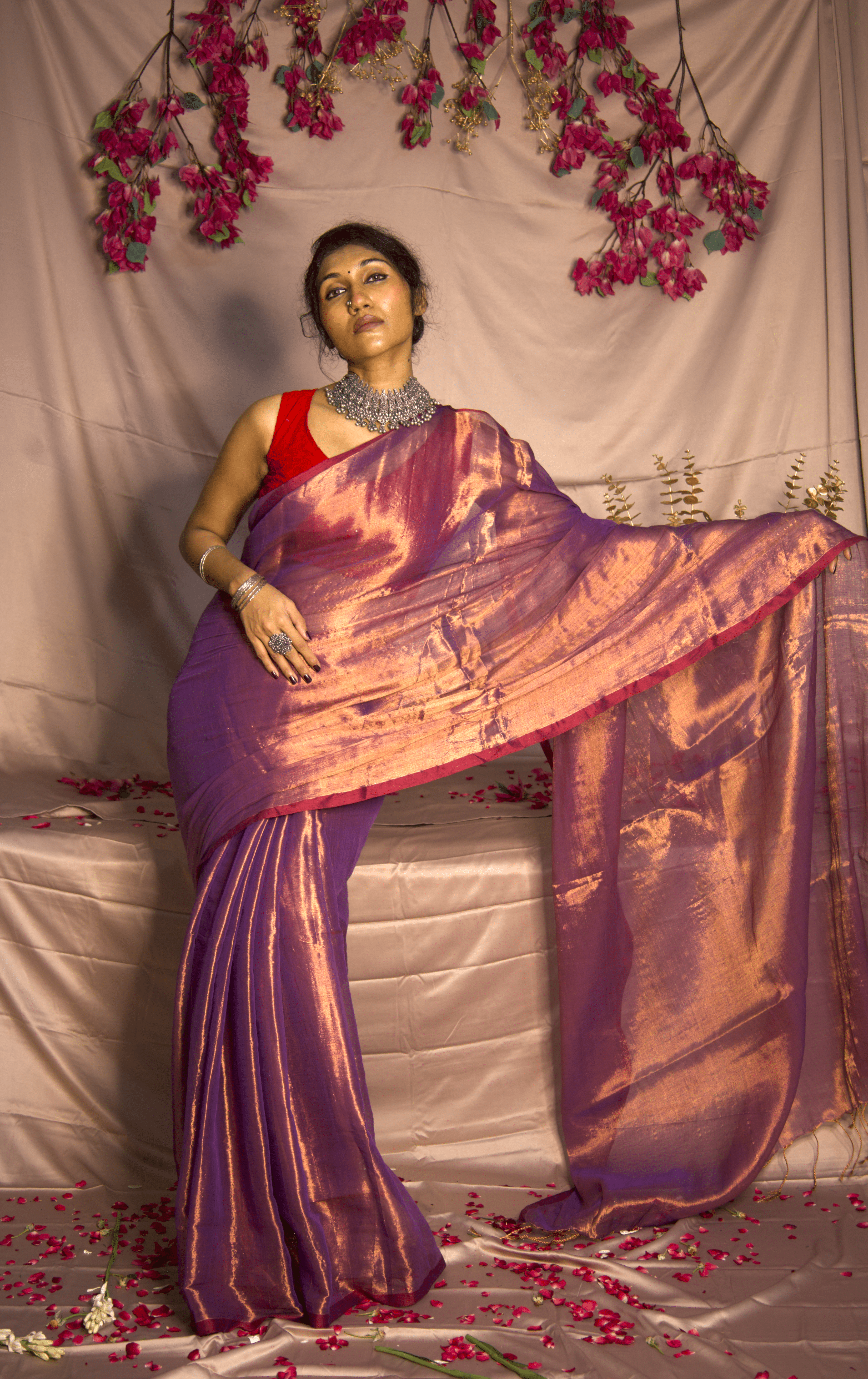 RangDhaaga Lilac with red border Raga Tissue Saree