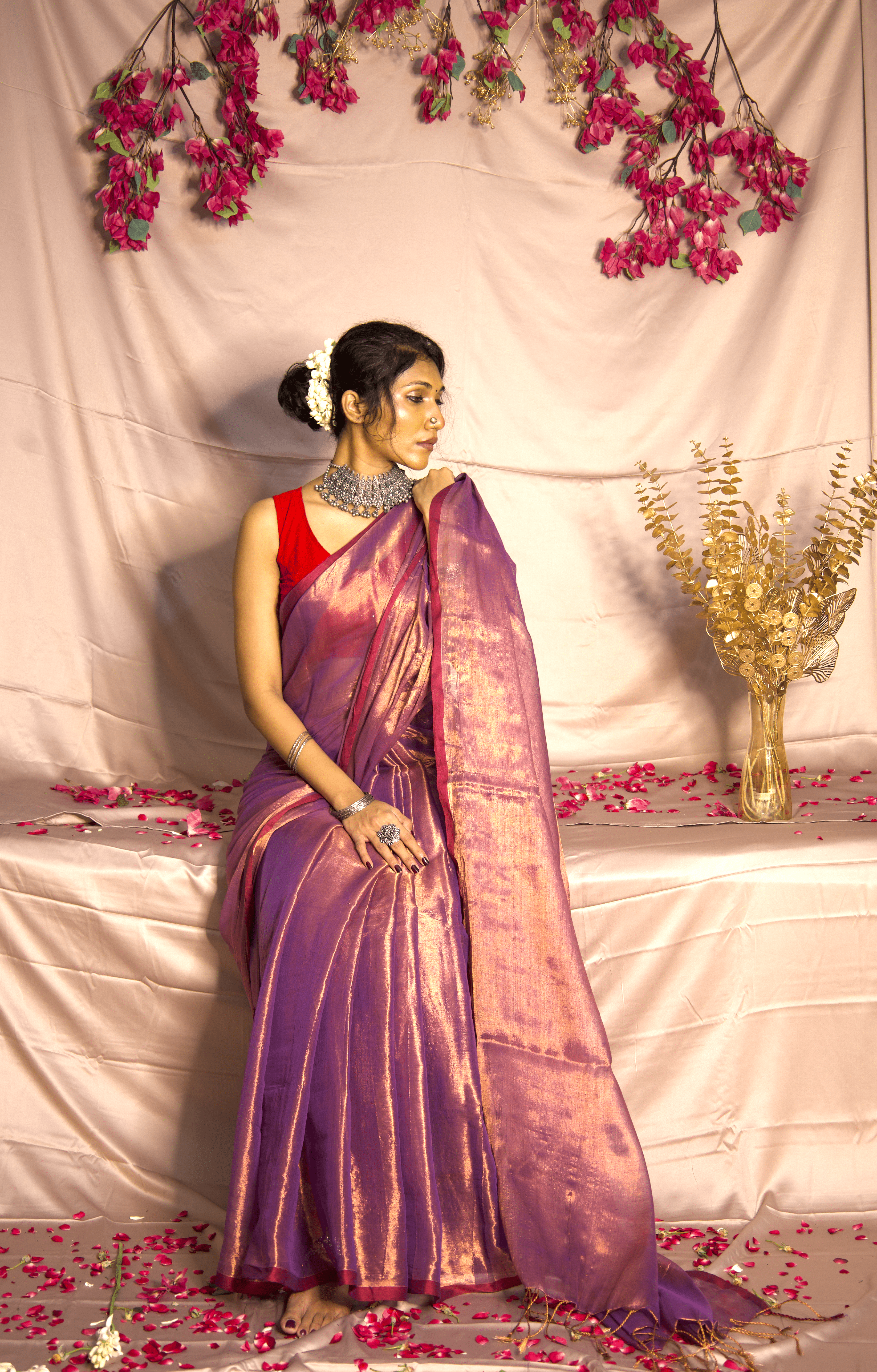 RangDhaaga Lilac with red border Raga Tissue Saree
