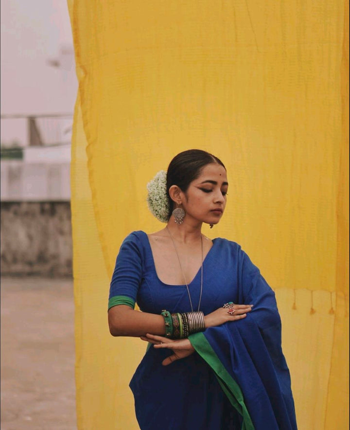 Khadi Saree Blue With Light Green Border