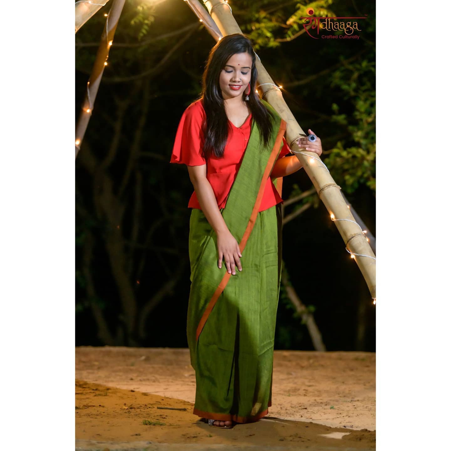 Khadi Saree Green & Light Red