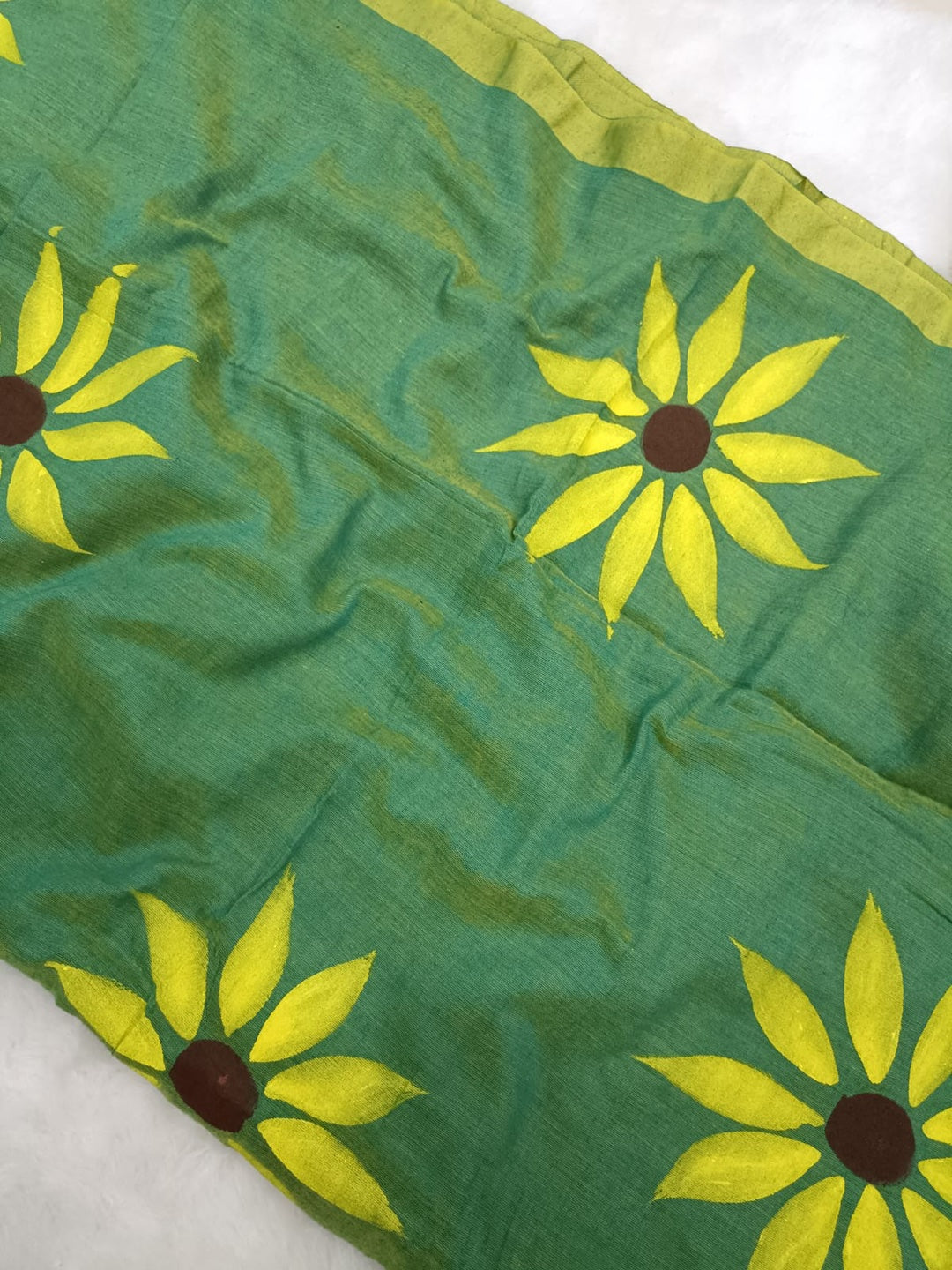 Light Green With Yellow Floral Hand Painted Saree