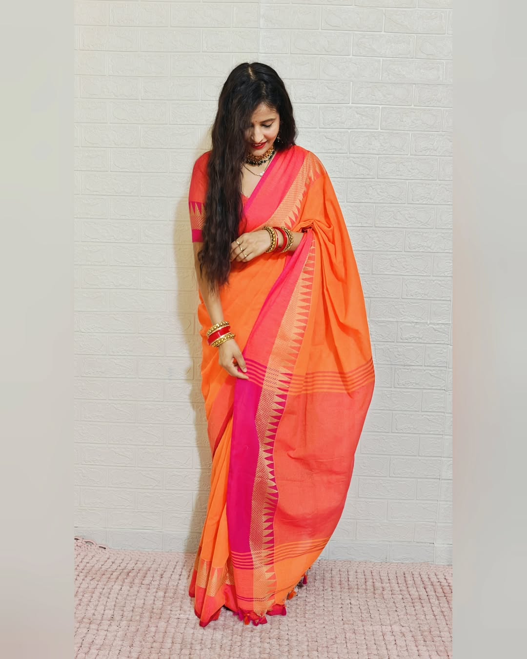 Rangdhaaga Orange With Light Orange Temple Border saree