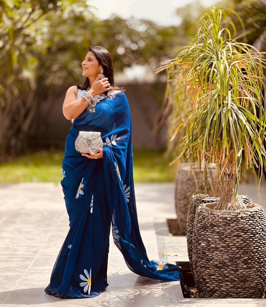 Navy Blue Floral Hand Painted Saree