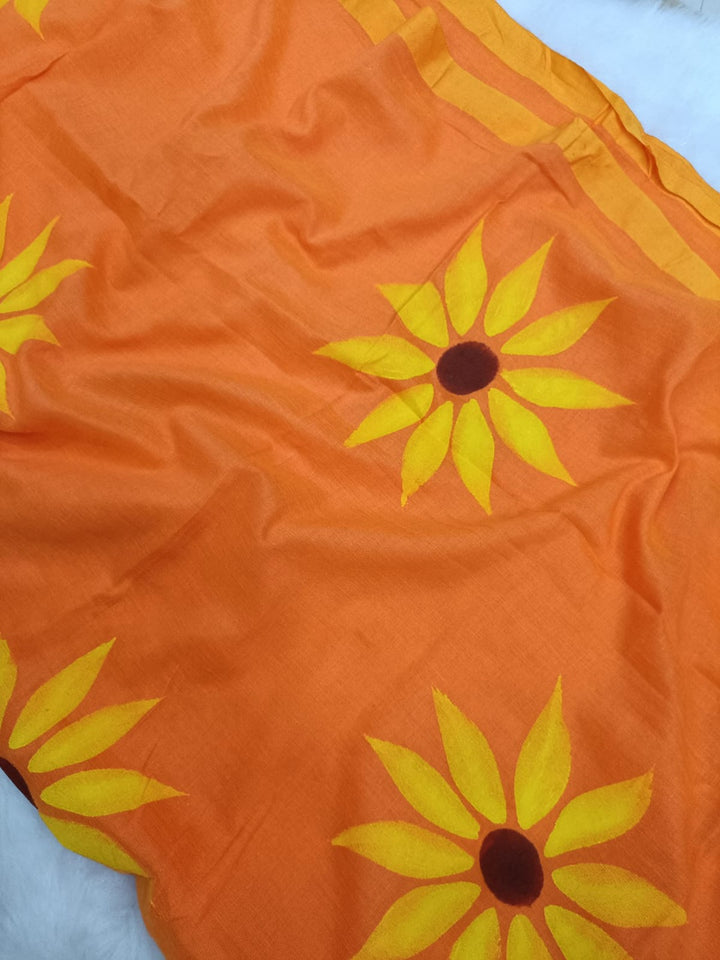 Orange With Yellow Floral Hand Painted Saree