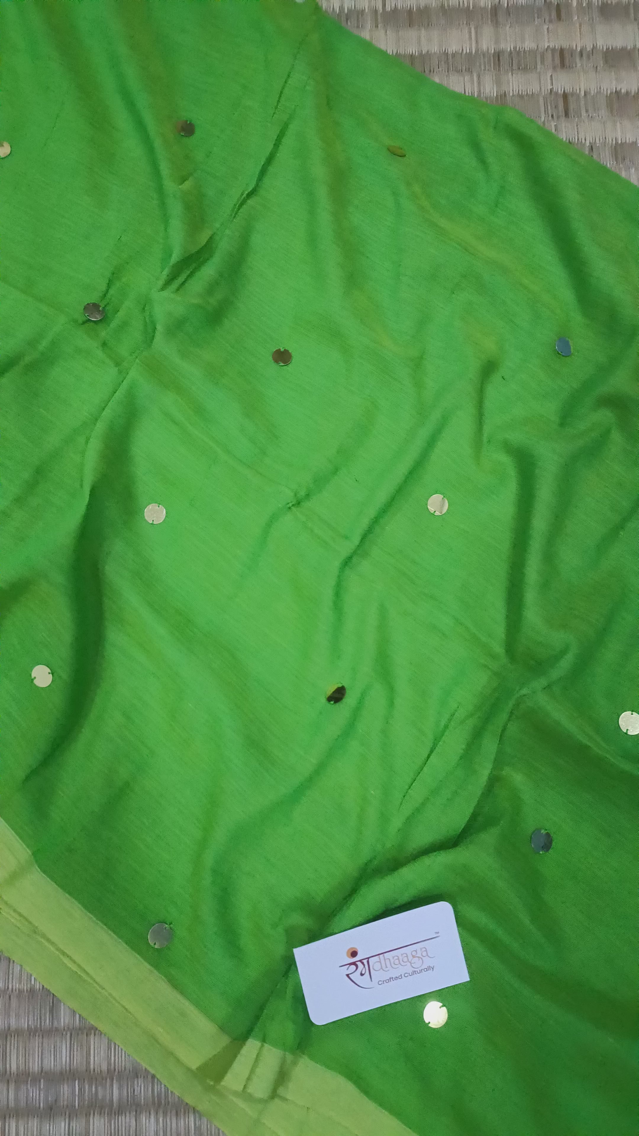 RangDhaaga parrot green with yellow dual tone sequence cotton saree