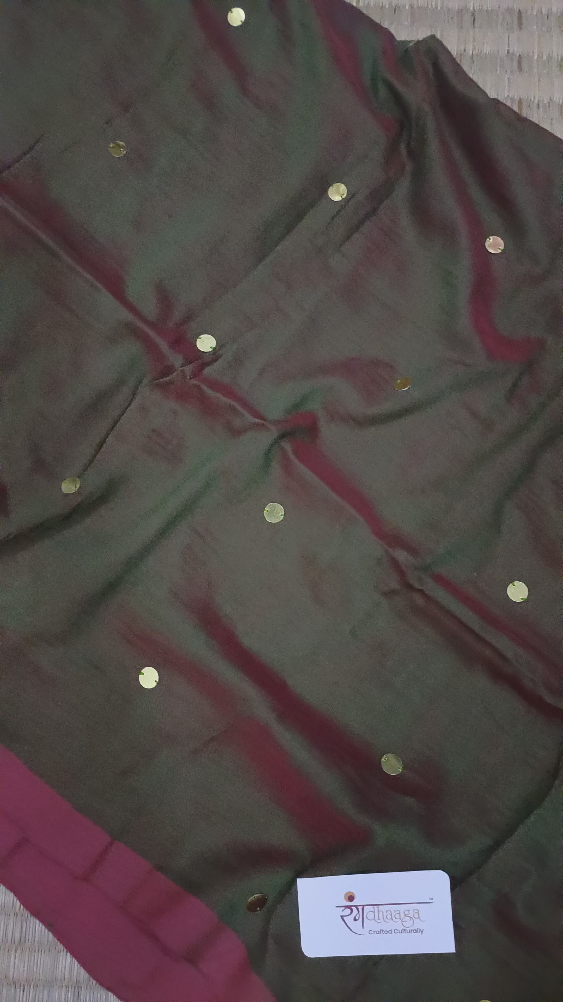 RangDhaaga Mehendi green & red dual tone sequence cotton saree