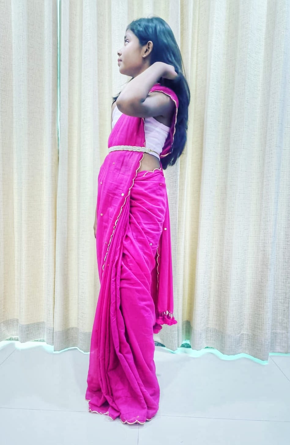 Rangdhaaga Pink Sequined Mulmul Cotton Saree