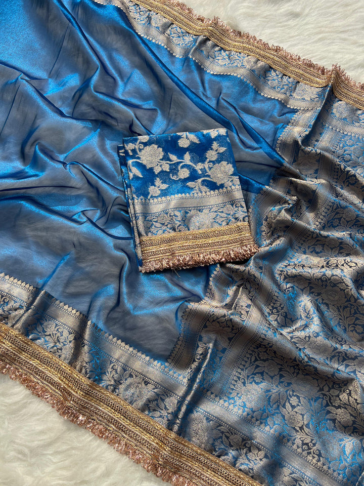 RangDhaaga Sky Blue Banarasi Tissue Silk Saree with Rich Pallu and Lacework