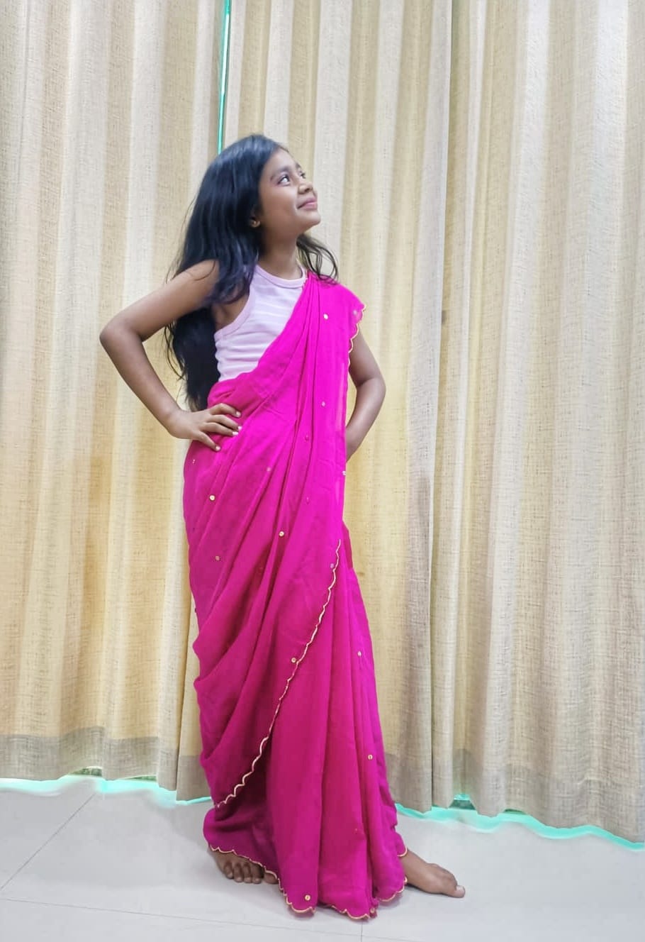 Rangdhaaga Pink Sequined Mulmul Cotton Saree