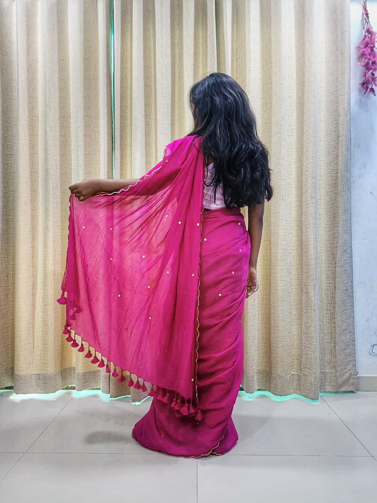 Rangdhaaga Pink Sequined Mulmul Cotton Saree
