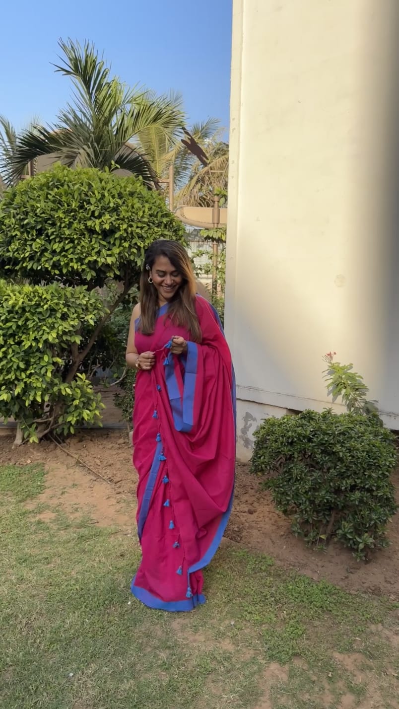 Rangdhaaga Ranipink contrast blue border cotton saree by Zarna