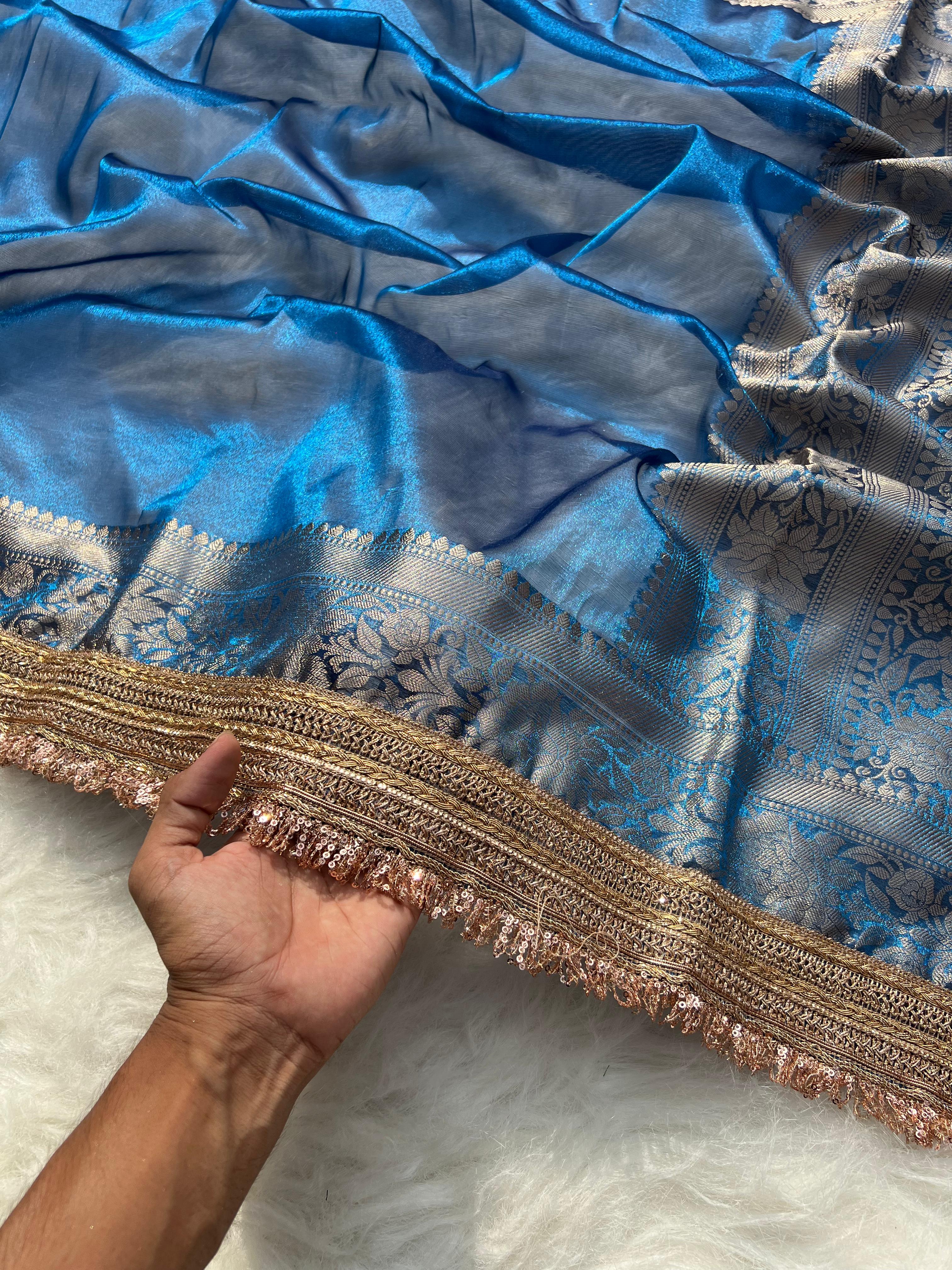 RangDhaaga Sky Blue Banarasi Tissue Silk Saree with Rich Pallu and Lacework