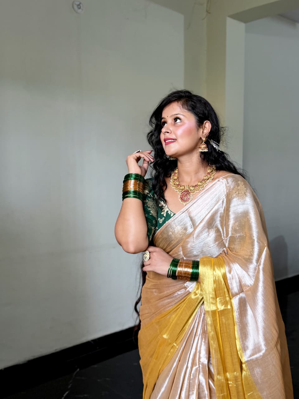 RangDhaaga Beige golden Raga Tissue Saree by Vanshika