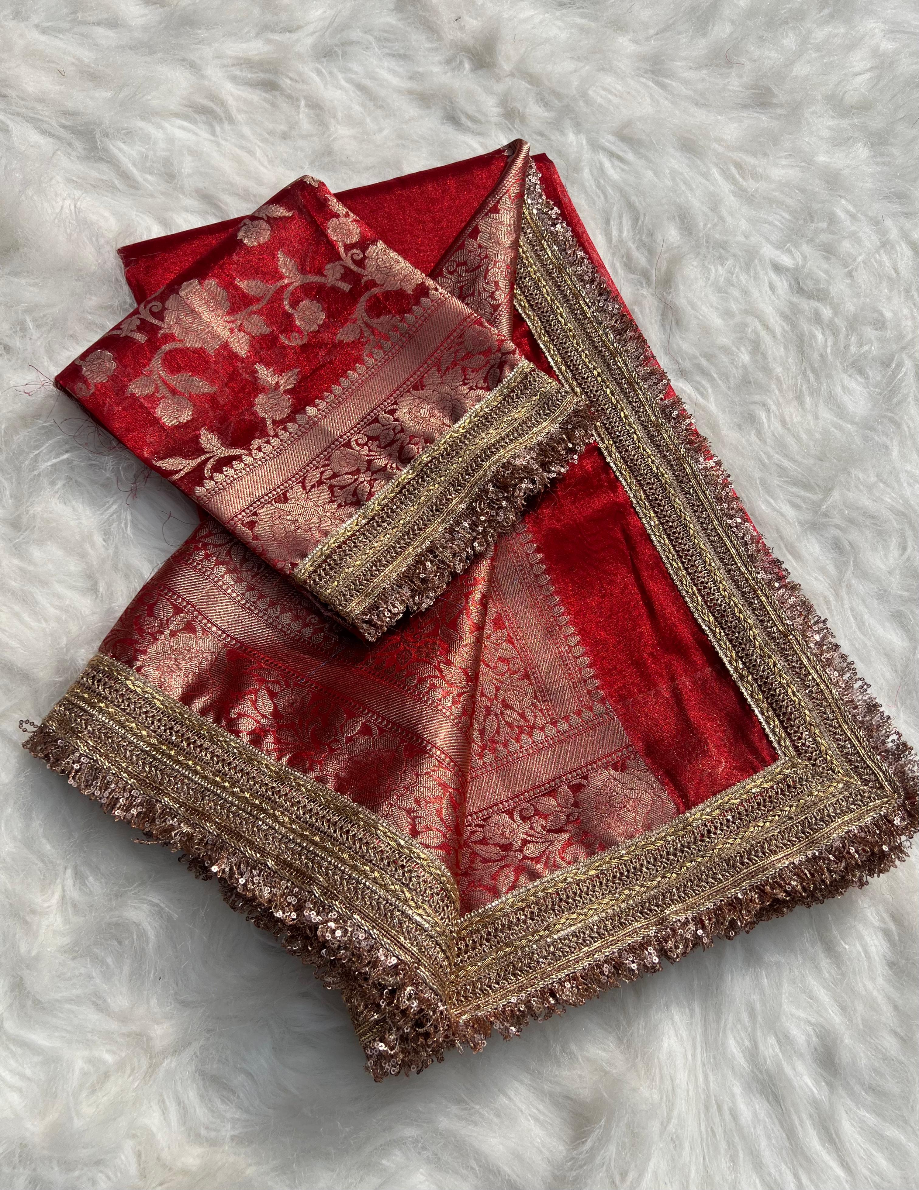RangDhaaga Red Banarasi Tissue Silk Saree with Rich Pallu and Lacework