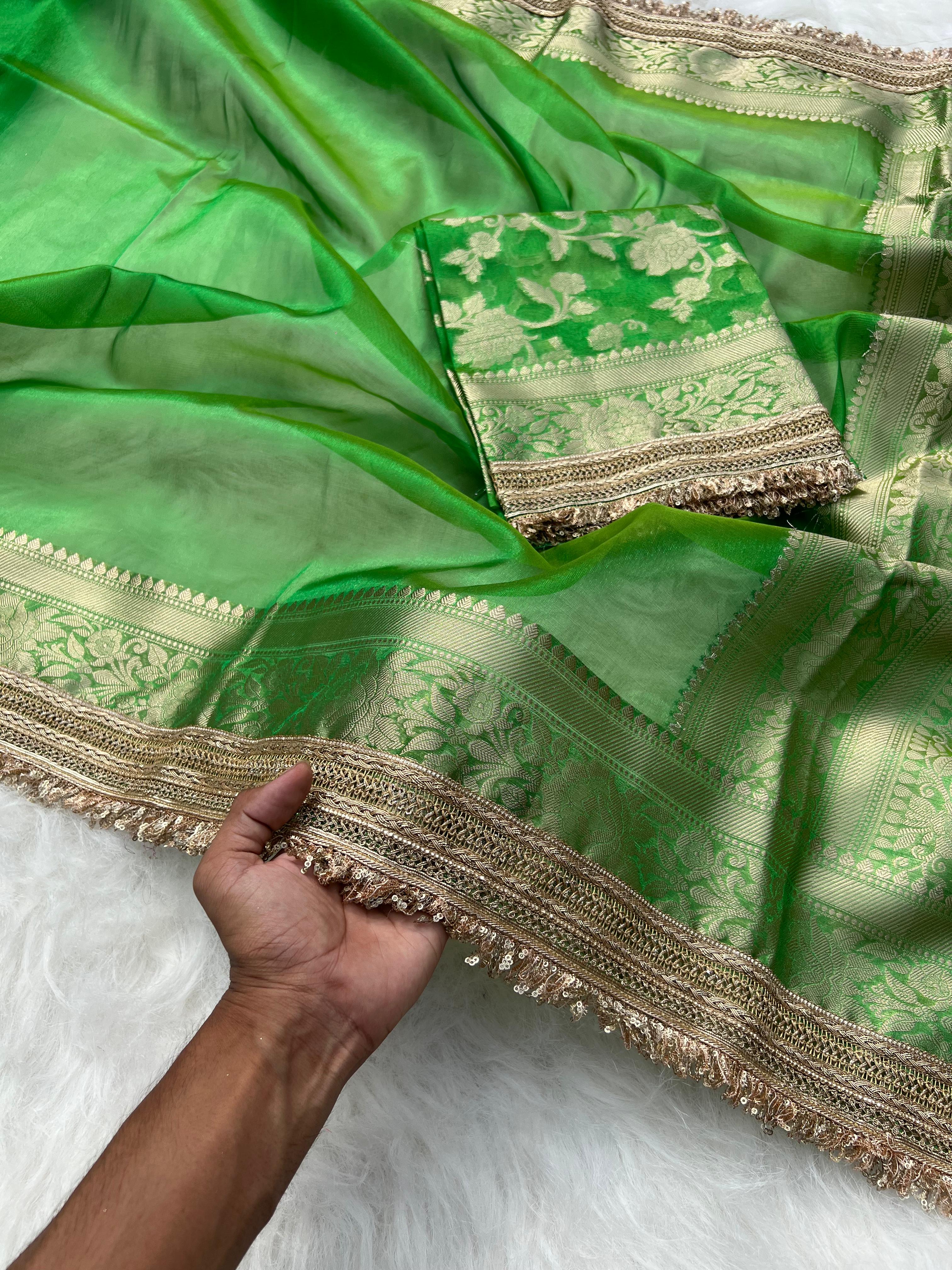 RangDhaaga Green  Banarasi Tissue Silk Saree with Rich Pallu and Lacework