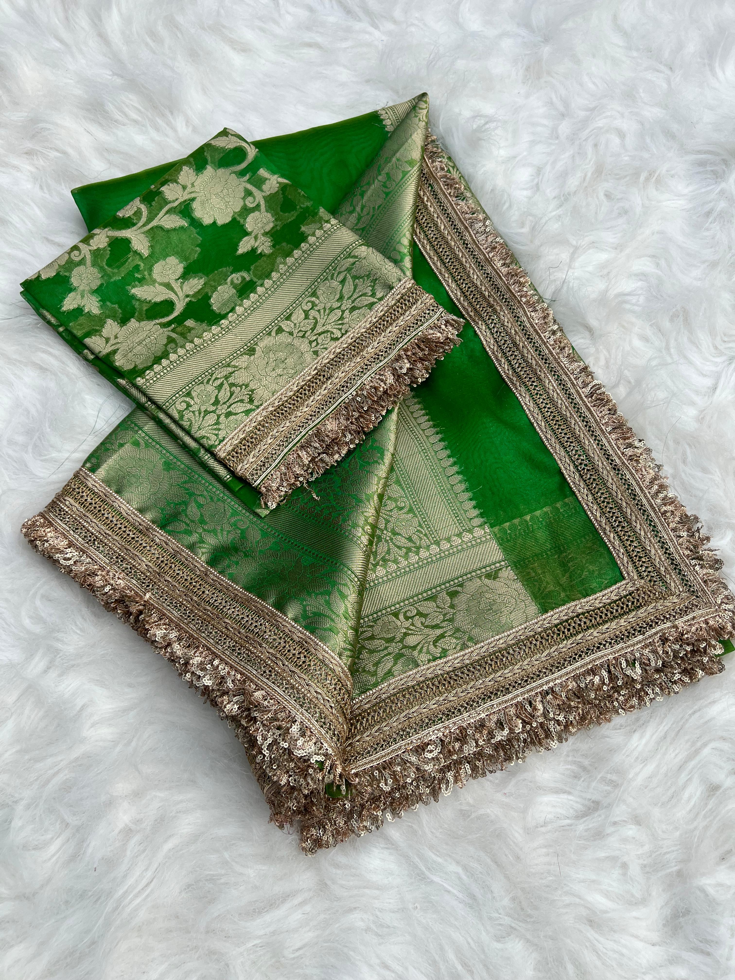RangDhaaga Green  Banarasi Tissue Silk Saree with Rich Pallu and Lacework