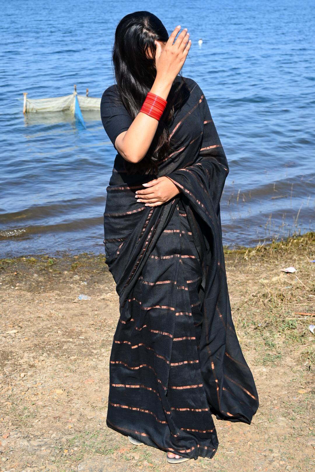Rangdhaaga  Black with copper zari lining cotton saree by simran