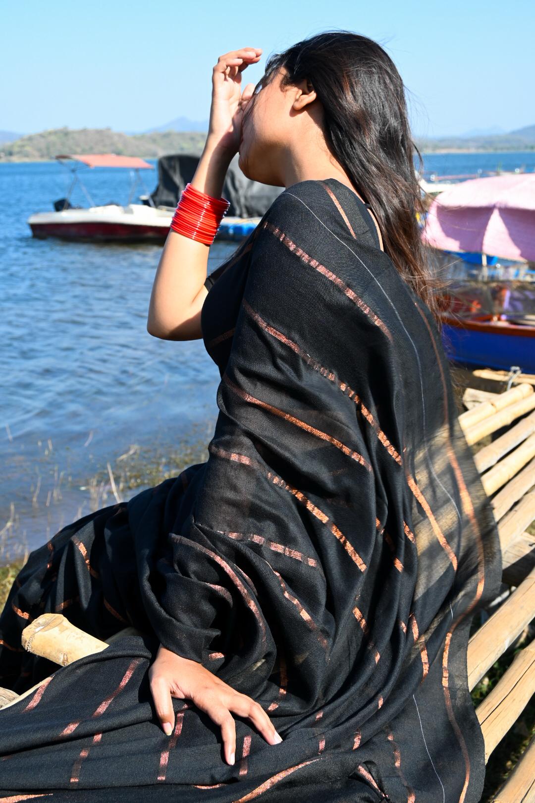 Rangdhaaga  Black with copper zari lining cotton saree by simran