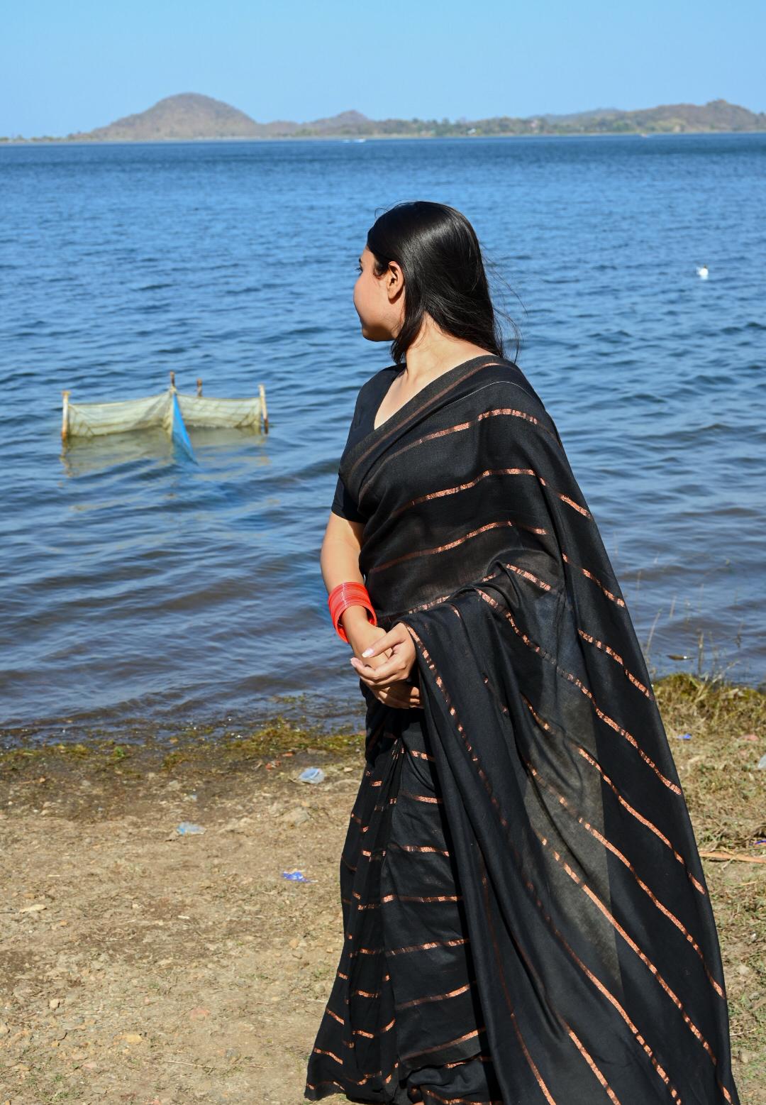 Rangdhaaga  Black with copper zari lining cotton saree by simran