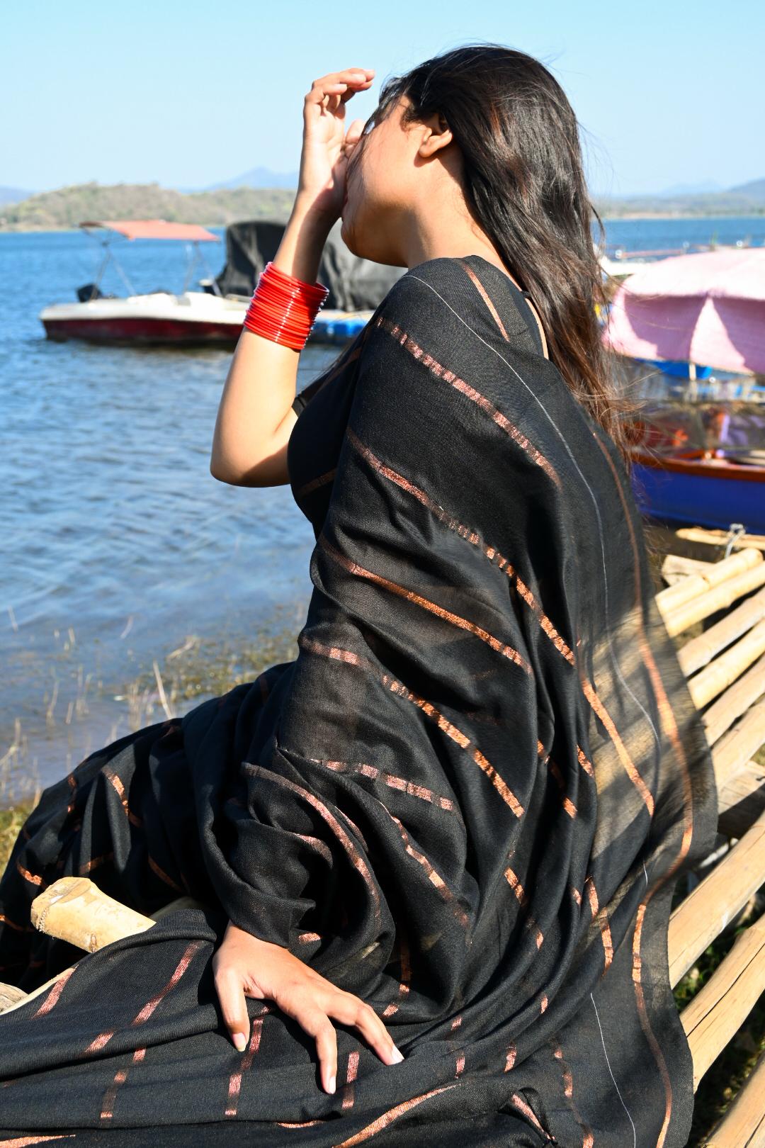 Rangdhaaga  Black with copper zari lining cotton saree by simran