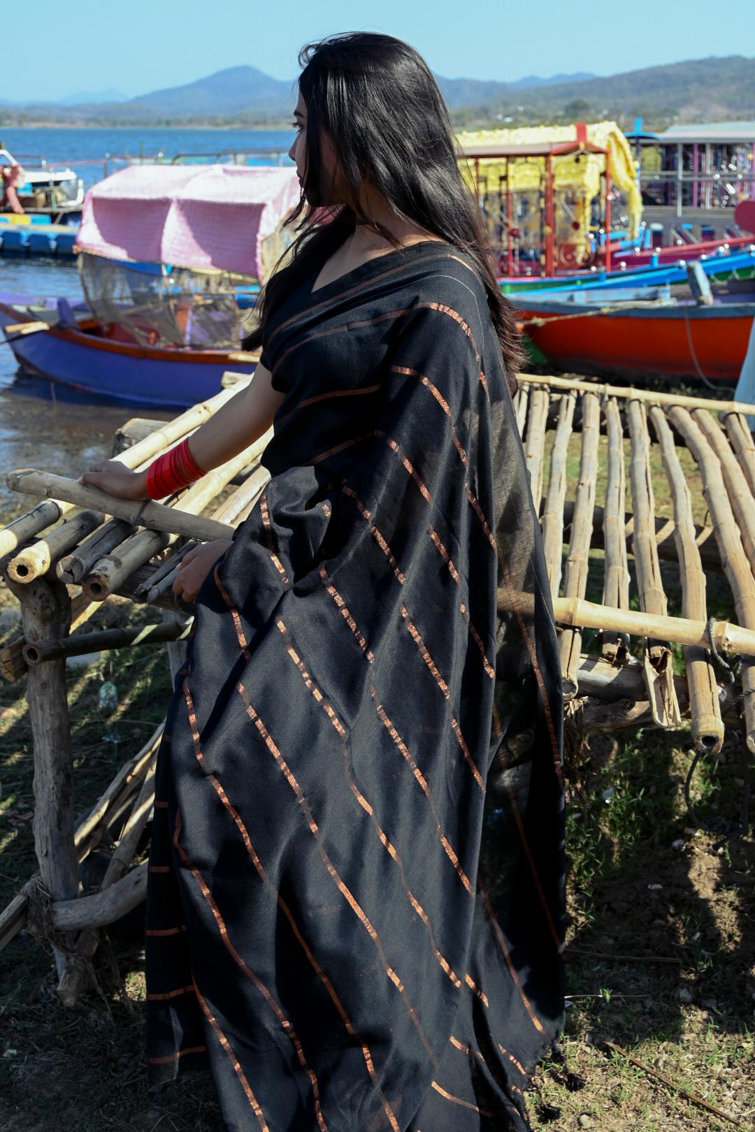 Rangdhaaga  Black with copper zari lining cotton saree by simran