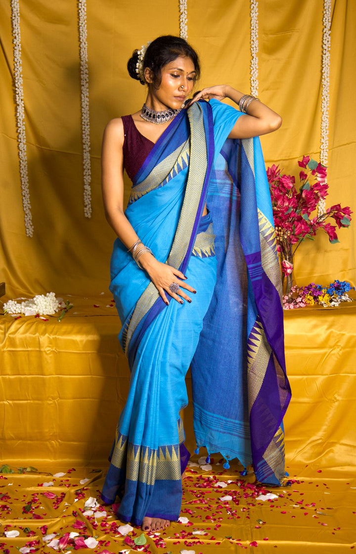 Rangdhaaga Aqua Blue With Navy Blue Temple Border